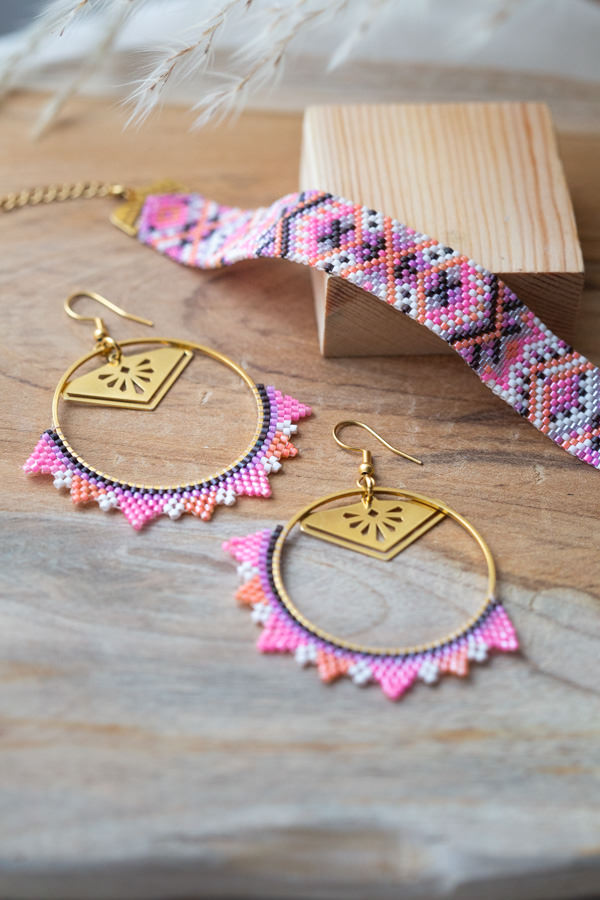Bracelet et boucles d'oreilles amérindiennes assorties en perles miyuki Zuni