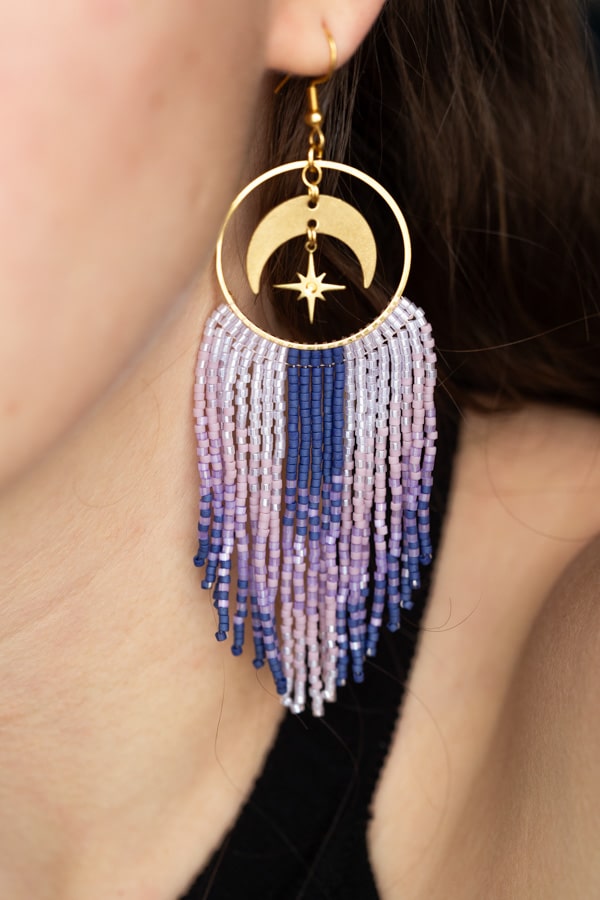 Boucles d'oreilles amerindienne a frange lune et etoile celeste